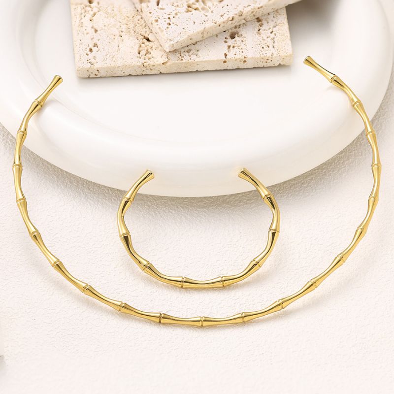 Conjunto De Collar Y Pulsera De Bambú De Acero Inoxidable