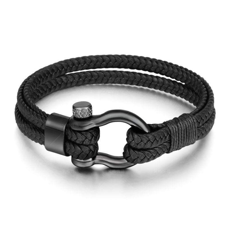 Black Leather Braided Horseshoe Buckle Stainless Steel Men's Bracelet