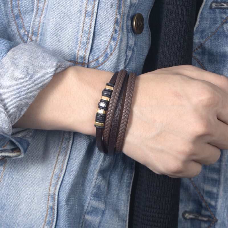 Black Buckle + Black Leather Men's Braided Leather Bracelet