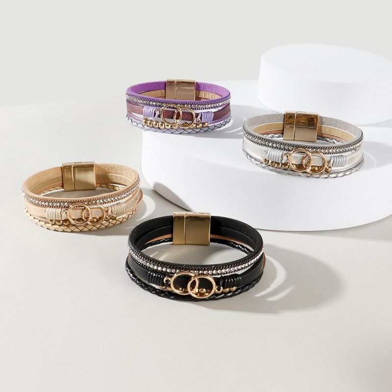 Pulsera De Anillo Trenzado De Cuero De Aleación