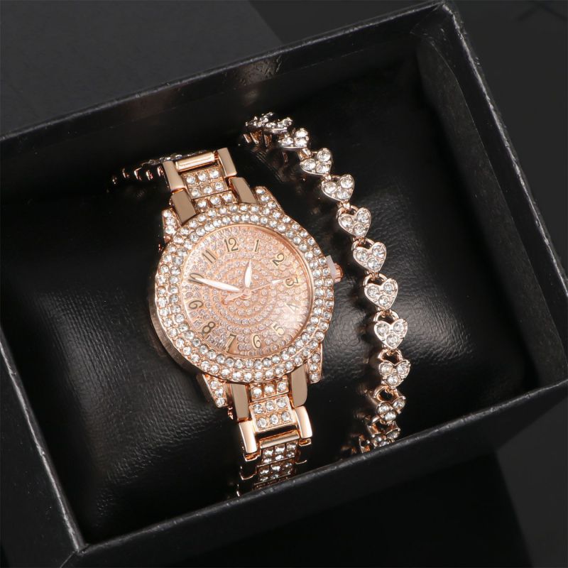 Conjunto De Pulsera Y Reloj De Acero Inoxidable Con Diamantes Redondos Y Corazón