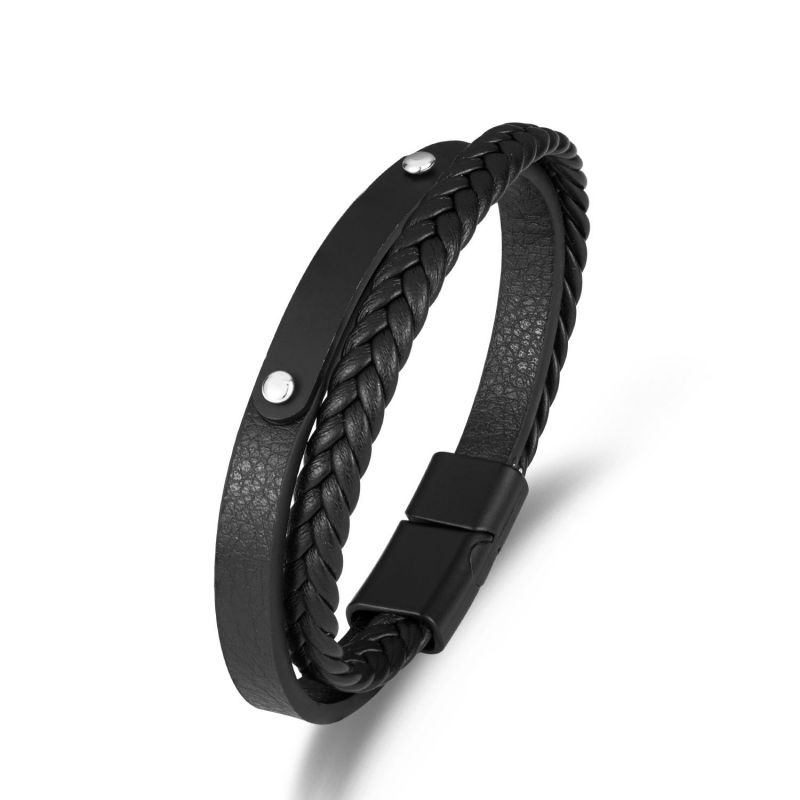 Black Alloy Leather Braided Men's Bracelet