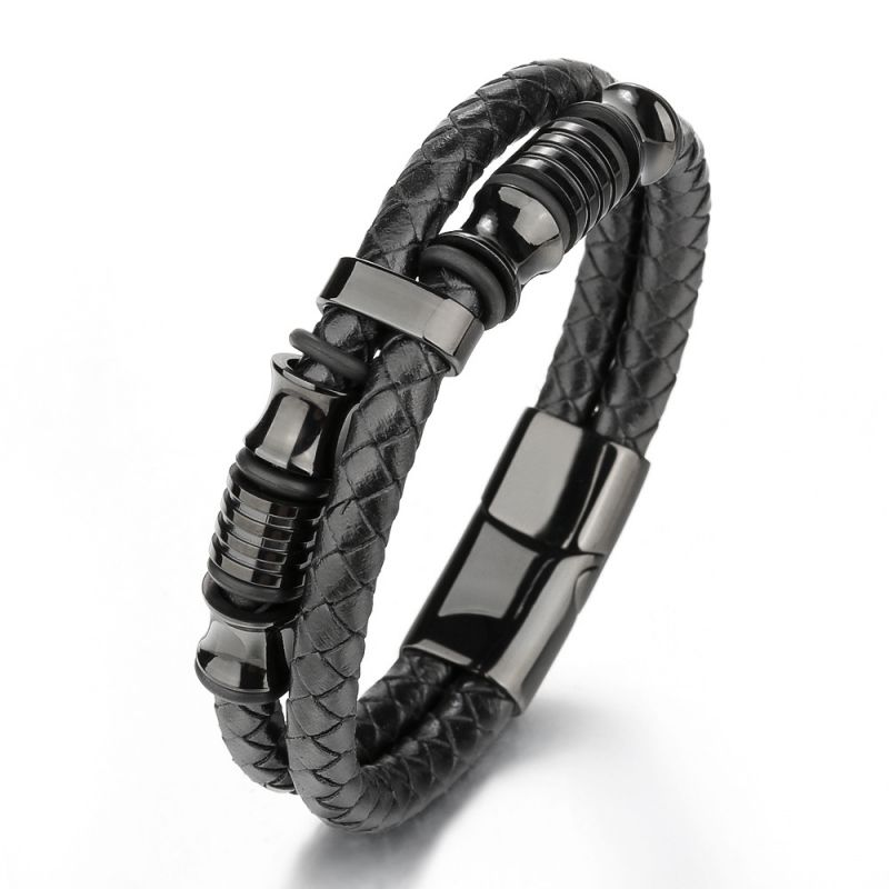 Pulsera De Acero Inoxidable Para Hombre Con Cordón De Cuero Trenzado Multicapa