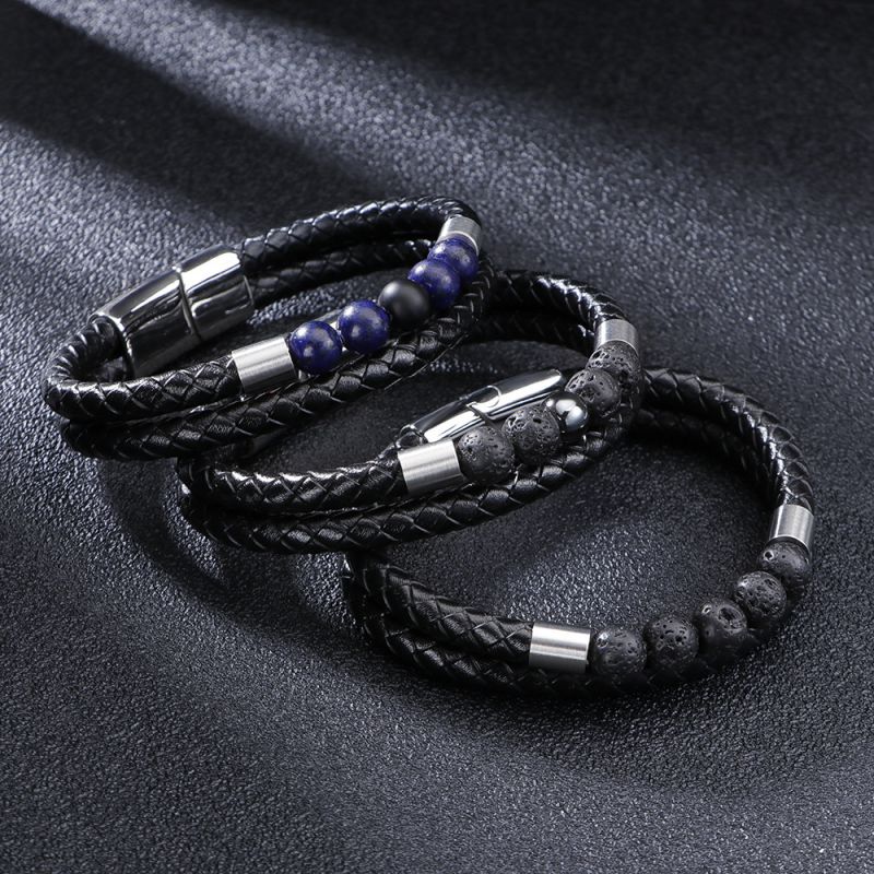 Pulsera Trenzada De Acero Y Titanio Con Cuentas Geométricas Para Hombre