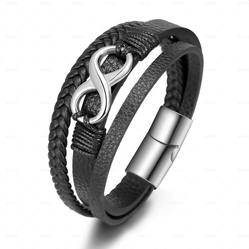 Pulsera Tejida De Cuero Con Símbolo De Acero Y Titanio Para Hombre