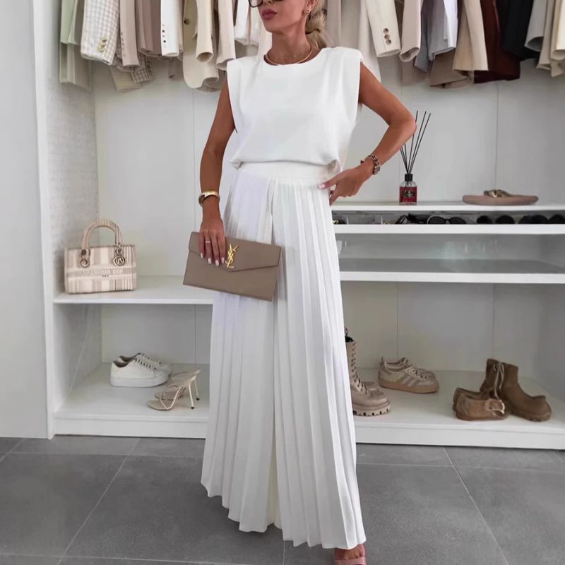 Black Polyester Round Neck Sleeveless Top Pleated Wide Leg Pants Set