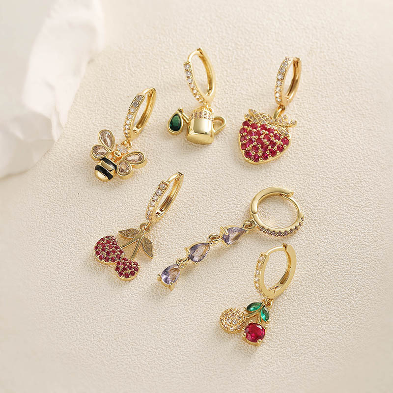 Pendientes De Lágrima Con Diseño De Abeja Fresa Cereza Y Diamante De Cobre