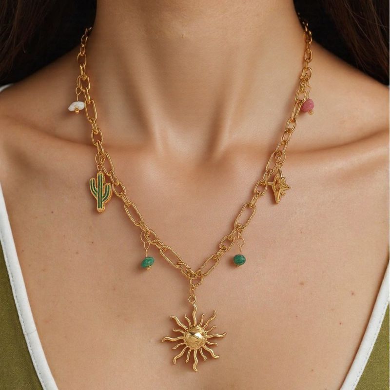 Necklace 1# Stainless Steel Cactus Sun Star Pendant Necklace