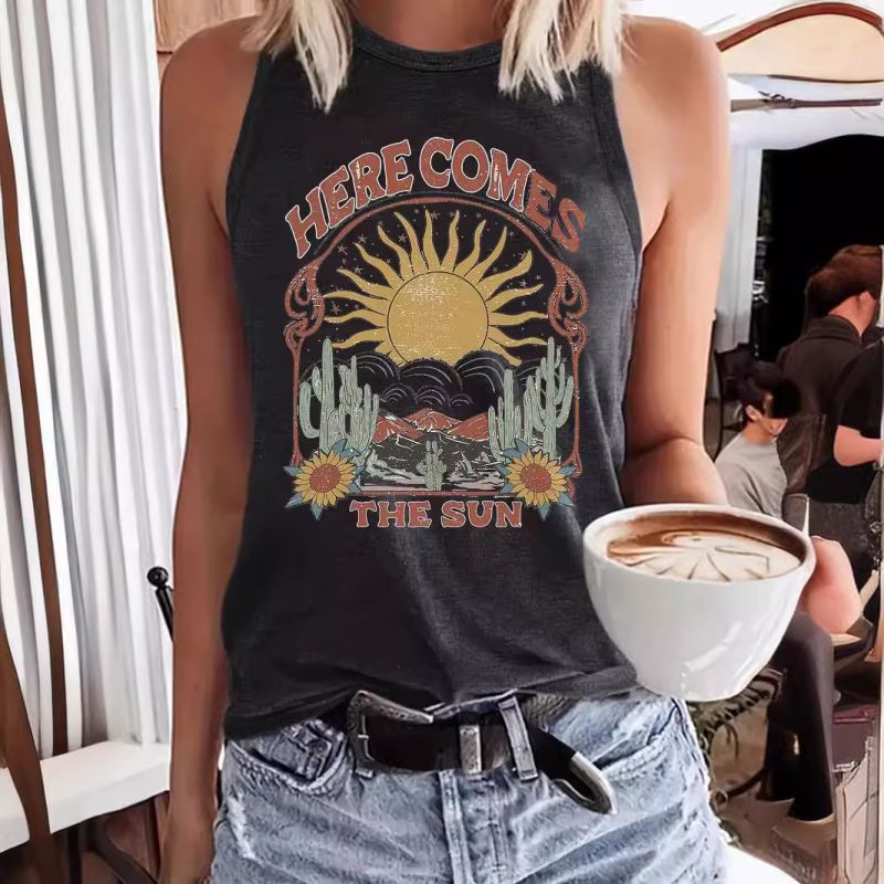 Dark Blue Cotton Printed Sleeveless Vest