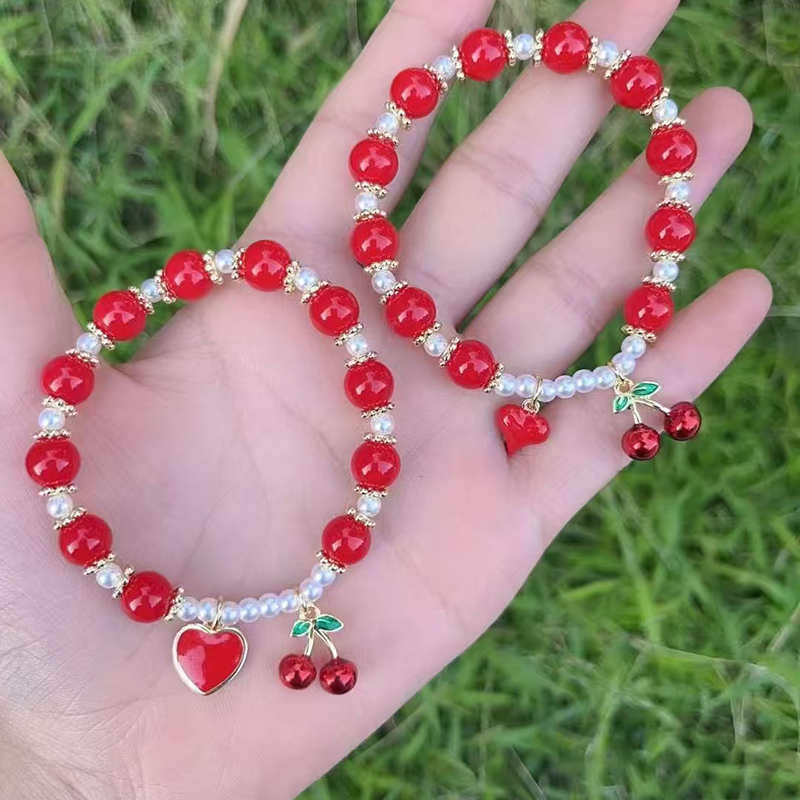 Pulsera De Cereza Con Corazón De Cuentas De Perla Dorada Y Bañada En Cobre
