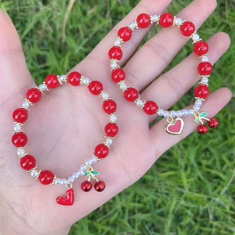 Pulsera De Cereza Con Corazón De Cuentas De Perla Dorada Y Bañada En Cobre