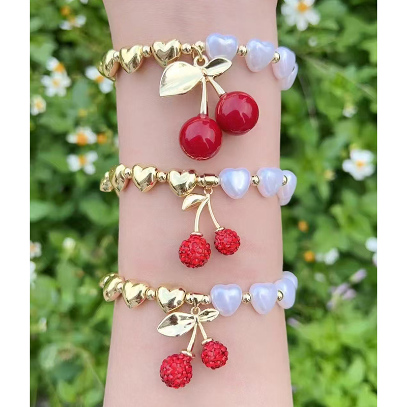 Pulsera De Cerezas Con Cuentas De Perla En Forma De Corazón Bañada En Oro Y Cobre