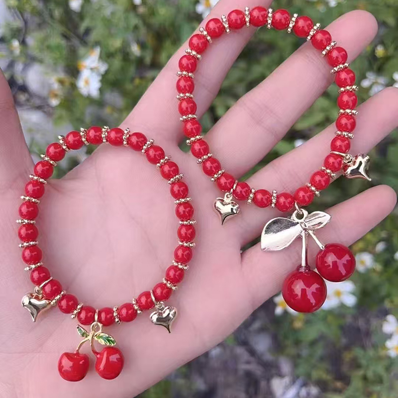 Pulsera De Cereza Con Corazón De Cuentas Bañada En Oro Y Cobre