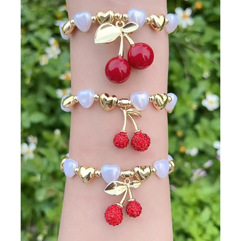 Pulsera De Cerezas Con Cuentas De Perla En Forma De Corazón Bañada En Oro Y Cobre