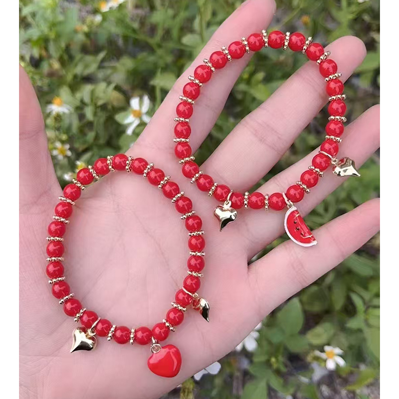Pulsera De Sandía Con Corazón De Cuentas De Cobre Bañadas En Oro