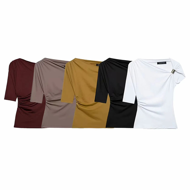 Coffee Asymmetric Pleated Nylon Top