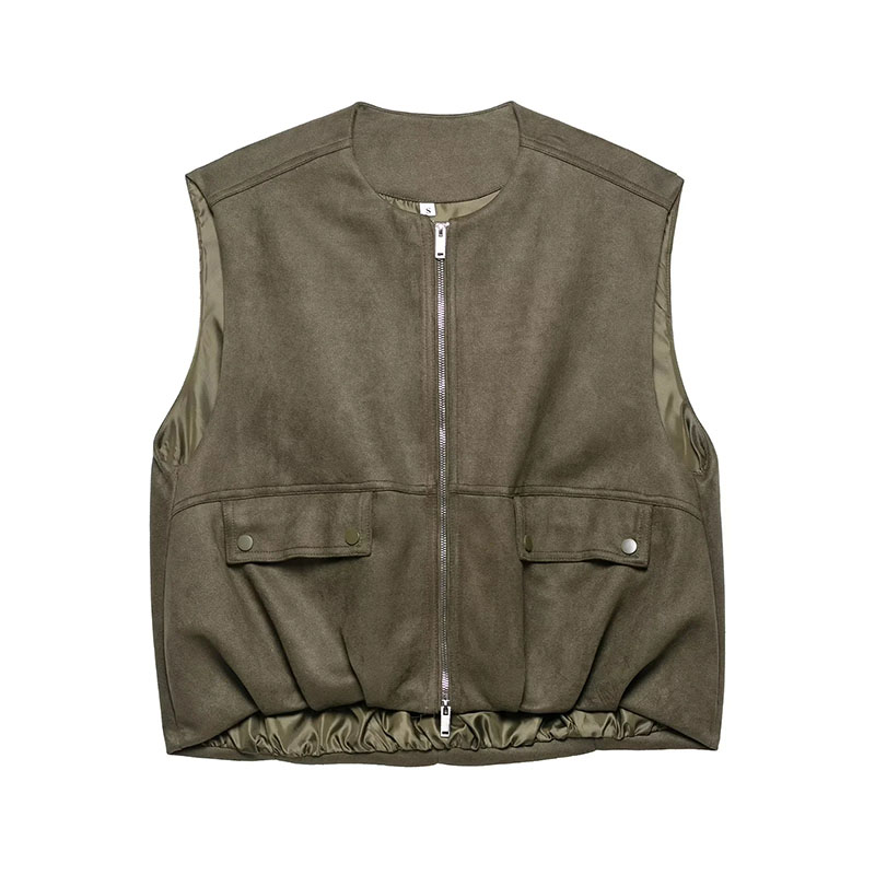 Green Crown Neck Zipper Sleeveless Vest