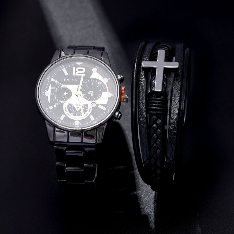 Two-piece Set Alloy Round Watch Cross Men's Bracelet Set
