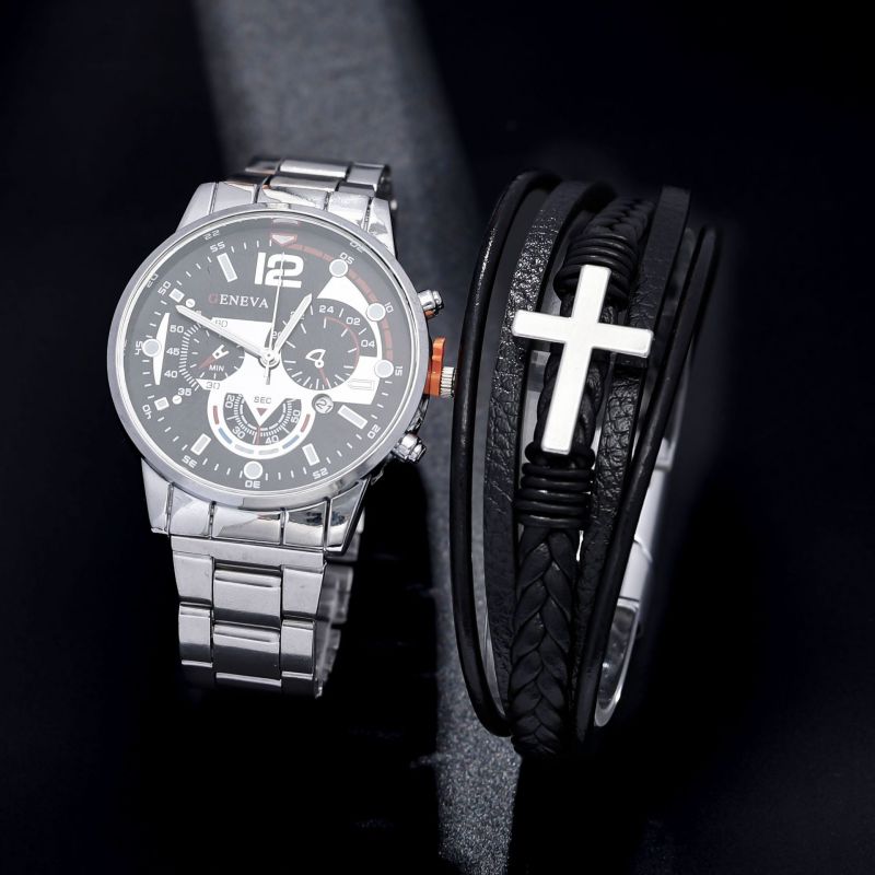Two-piece Set Alloy Round Watch Cross Men's Bracelet Set