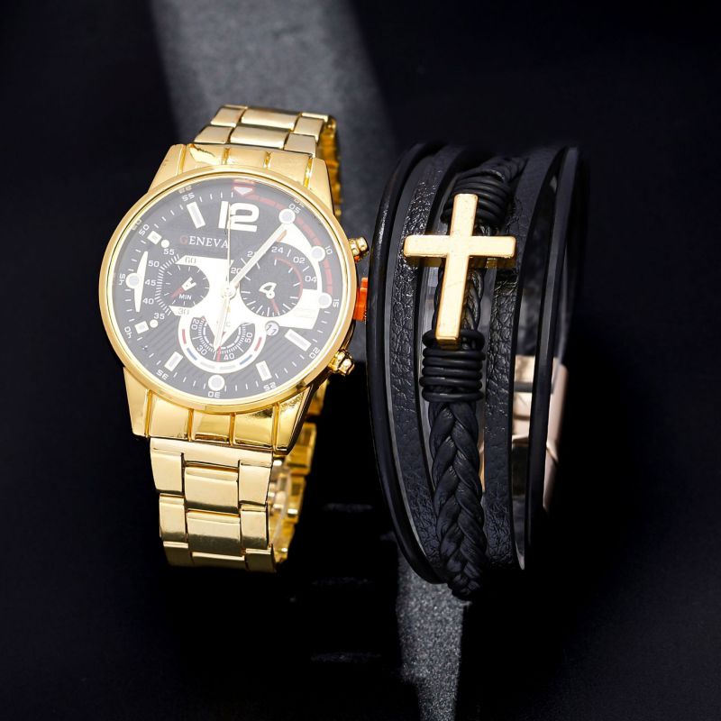 Two-piece Set Alloy Round Watch Cross Men's Bracelet Set