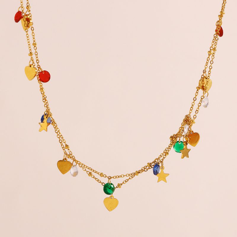 Collar De Acero Inoxidable De Doble Capa Con Estrella De Cinco Puntas Y Diamantes.
