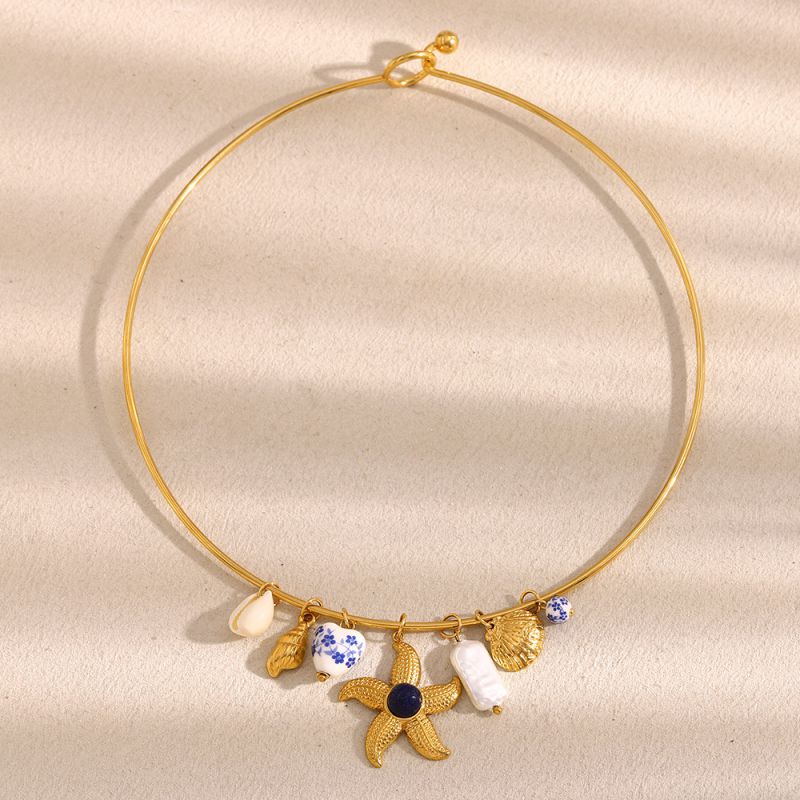 Collar De Acero Inoxidable Con Perlas Y Estrellas De Mar