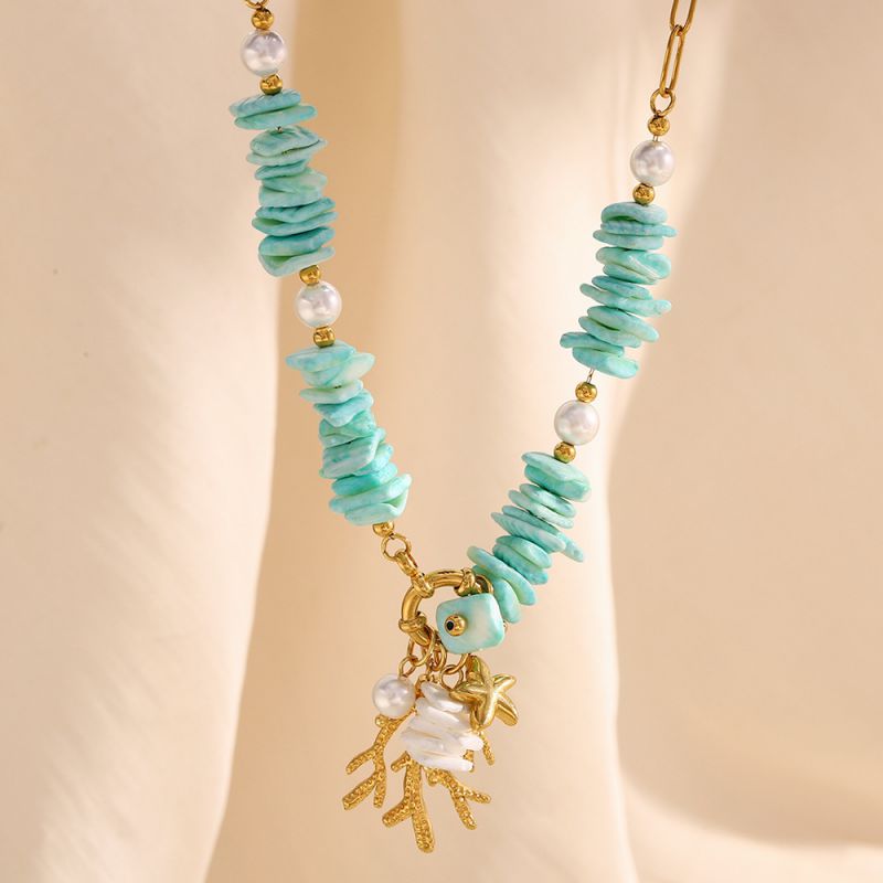Collar Con Colgante De Piedra Natural De Coral De Acero Inoxidable
