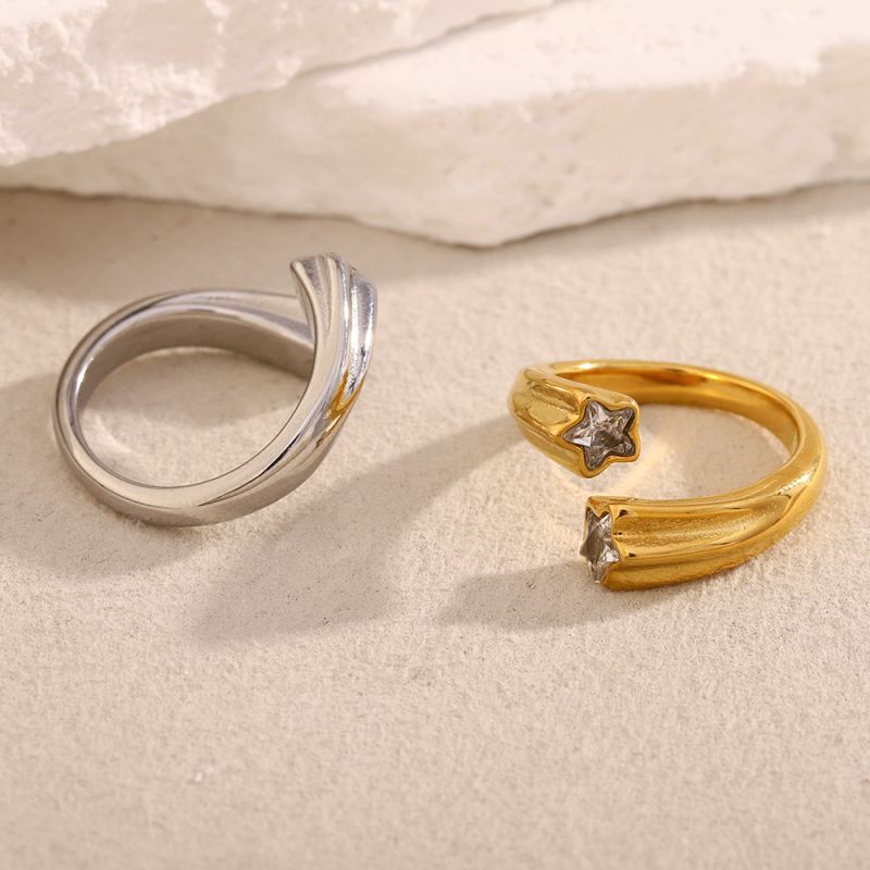 Anillo Abierto De Estrella De Cinco Puntas Con Diamantes De Acero Inoxidable
