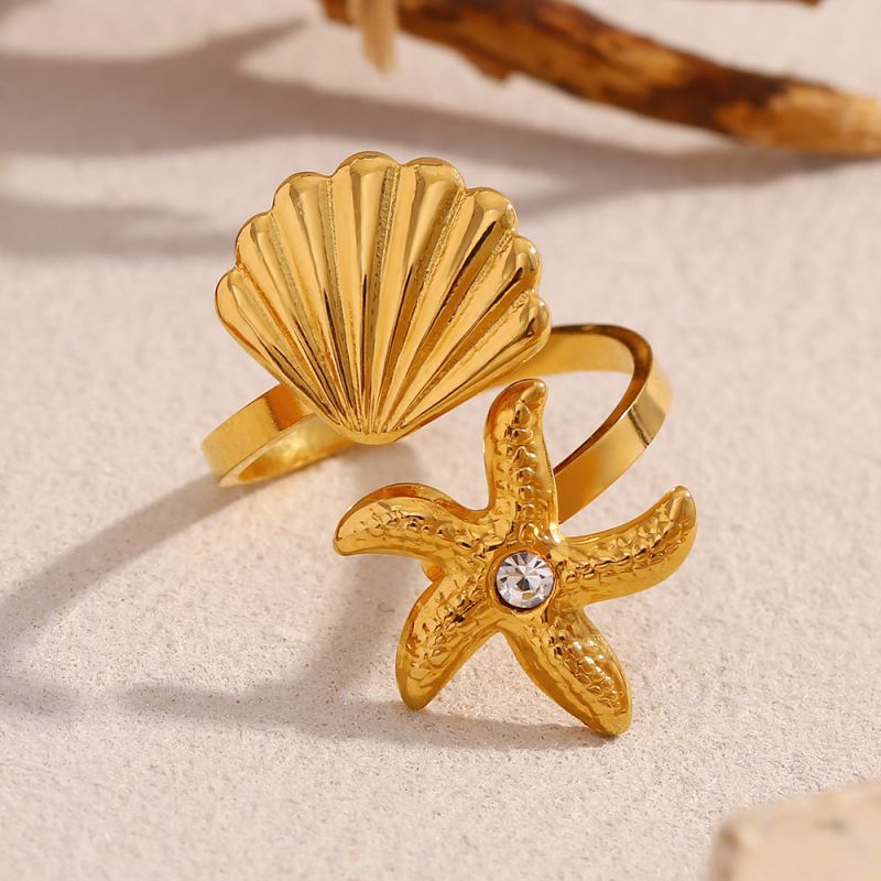 Anillo De Acero Inoxidable Con Forma De Estrella De Mar Y Concha