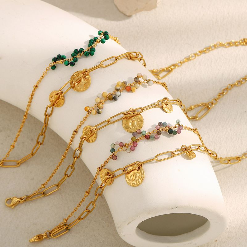 Pulsera De Acero Inoxidable Con Colgante De Moneda Y Doble Cadena