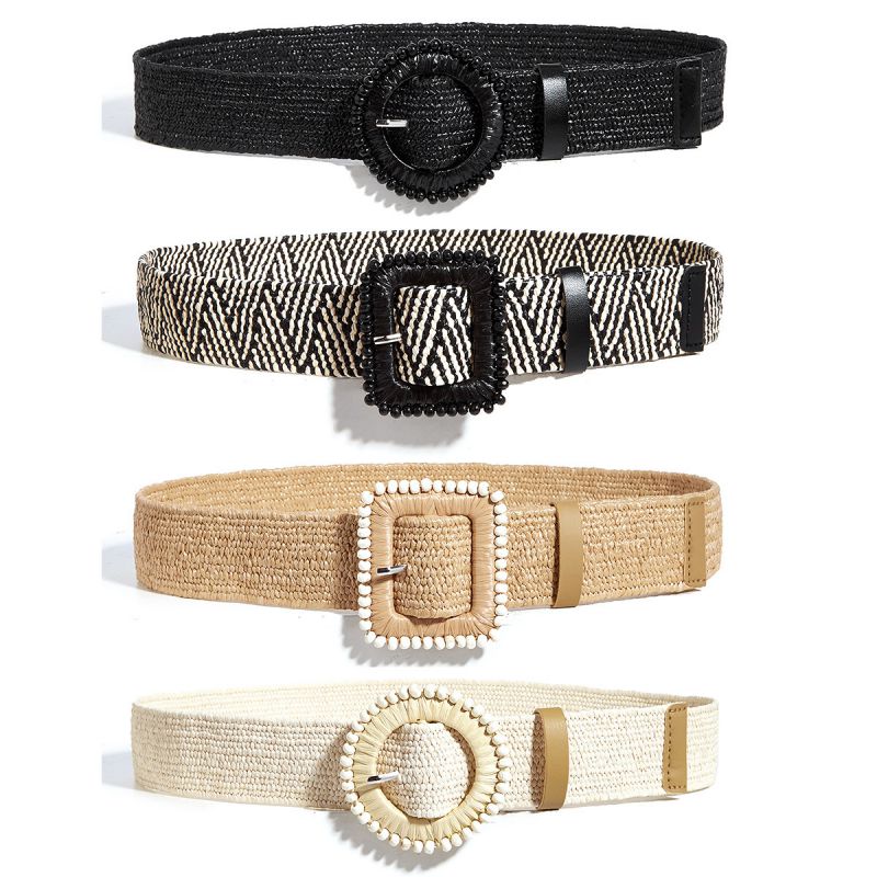 (woven Wooden Beads) 4 Cm Pp Grass (round Buckle Black) Plastic Round Square Buckle Wide Belt