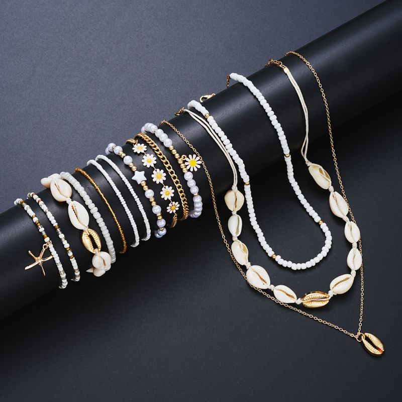 Conjunto De Collar Pulsera Y Tobillera Con Cuentas De Perlas De Arroz Y Flores De Concha
