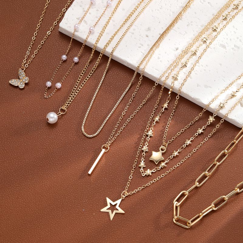 Conjunto De Collar Con Pentagrama De Mariposa Y Perlas De Aleación