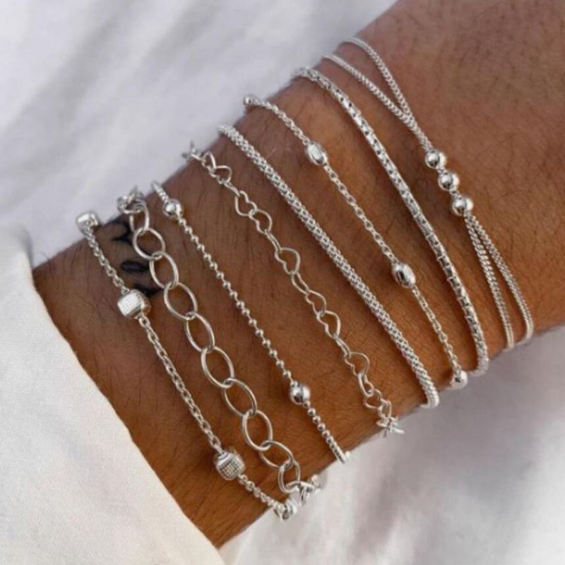Conjunto De Pulsera De Cadena De Cuentas Redondas De Aleación