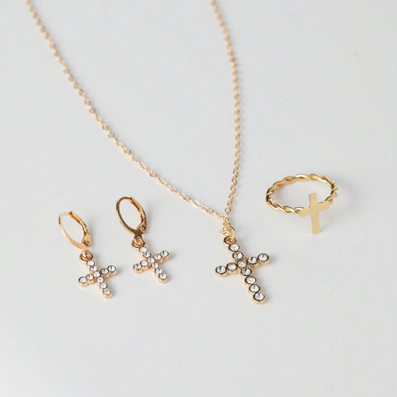 Conjunto De Collar Y Pendientes Con Cruz De Diamantes De Aleación
