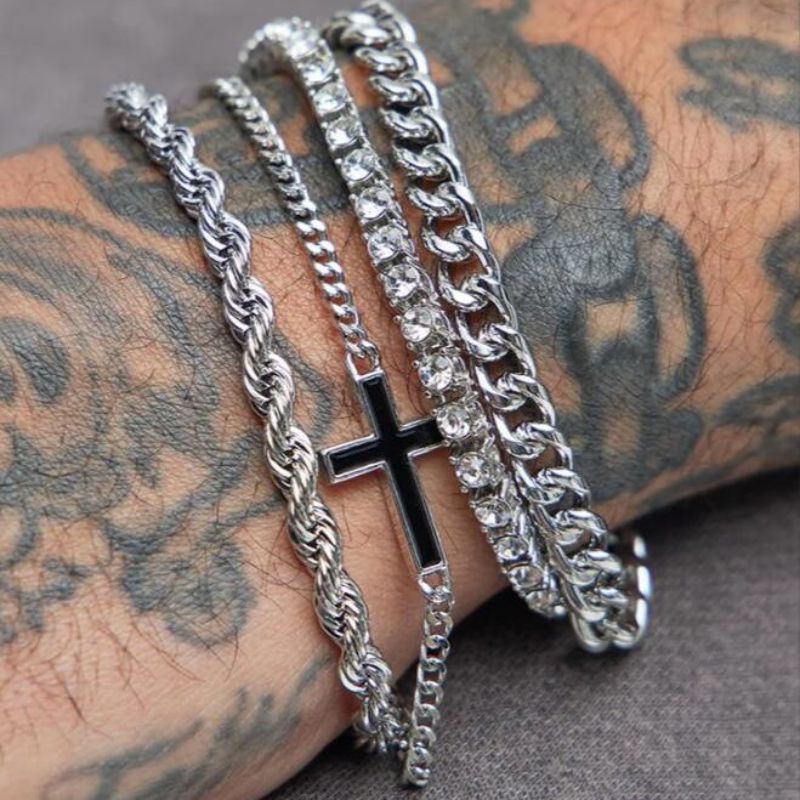 Silver Alloy Diamond Cross Men's Bracelet Set