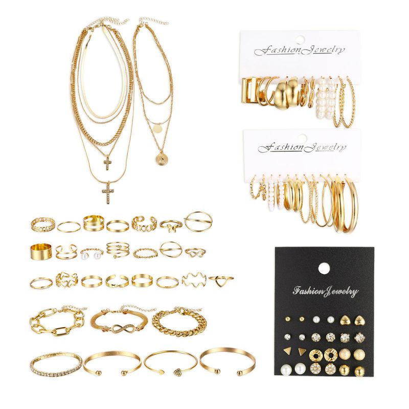 Conjunto De Collar Pendientes Y Anillo Geométricos Con Perla Y Cruz De Aleación