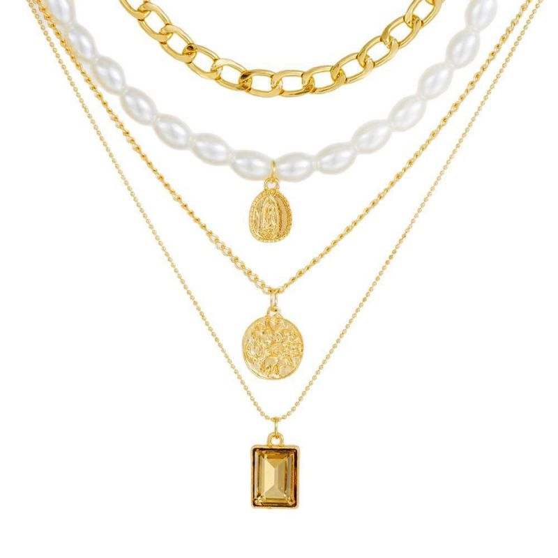Collar Multicapa Con Etiqueta De Cuentas De Perlas De Aleación