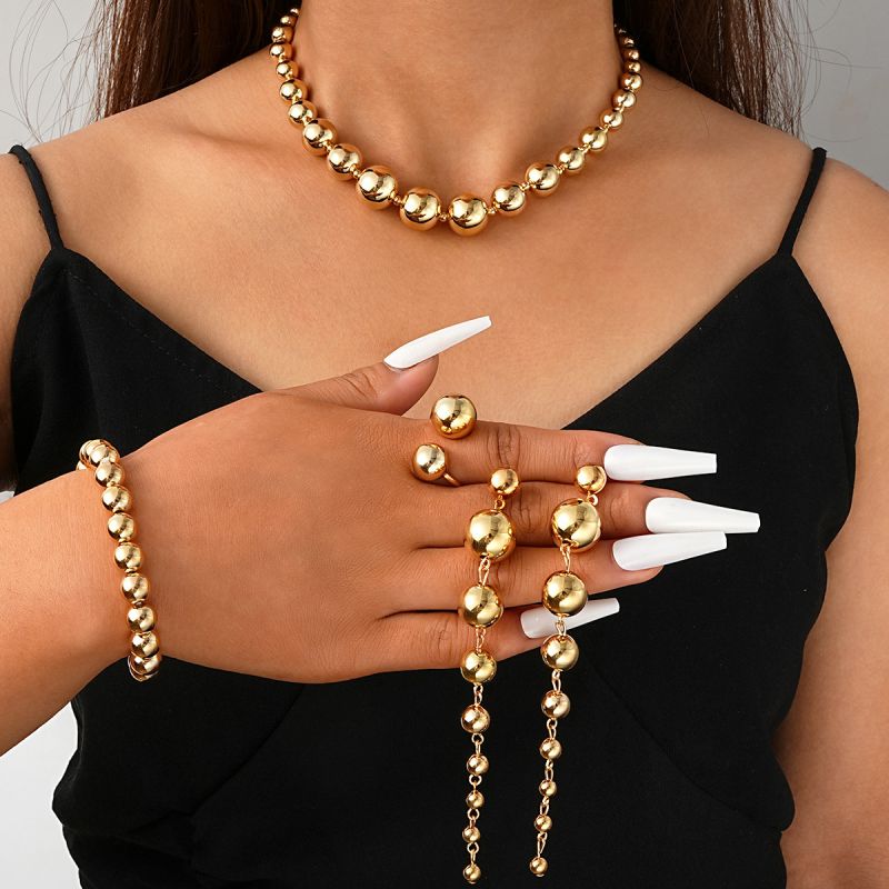 Conjunto De Collar Pulsera Pendientes Y Anillo Con Cuentas Geométricas De Metal