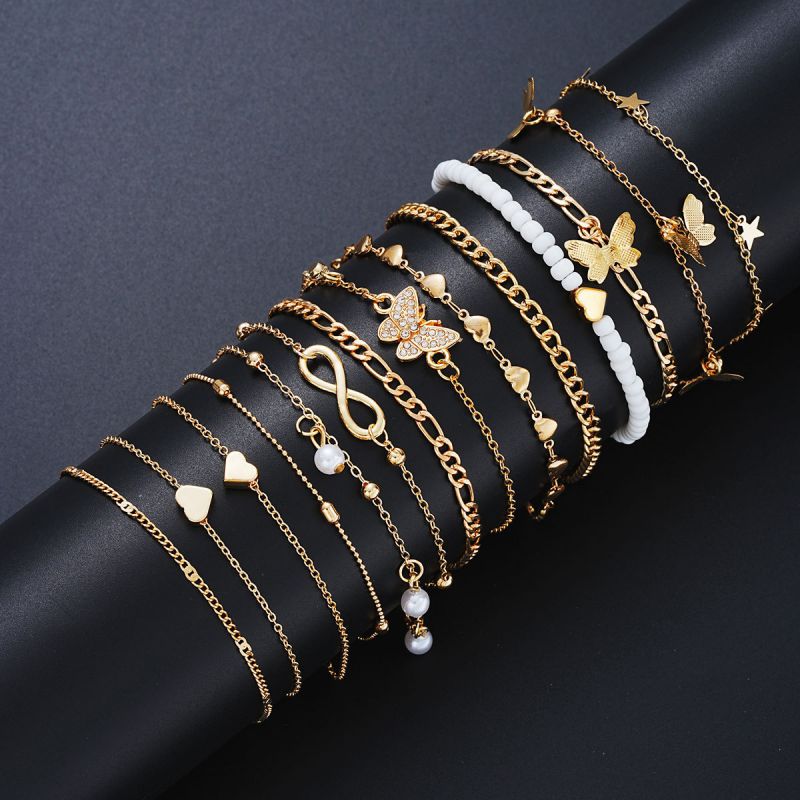 Conjunto De Pulsera De Aleación Con Cuentas De Arroz Mariposa Y Corazón De Diamantes