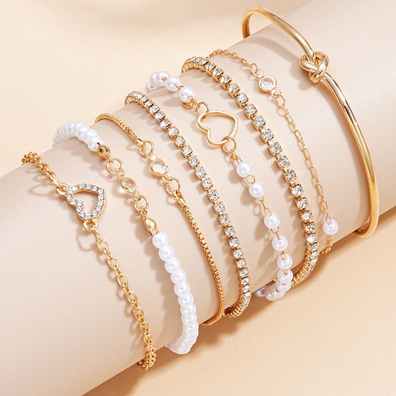 Conjunto De Pulsera Con Cadena De Garra De Diamante Y Cuentas De Perlas De Aleación En Forma De Corazón