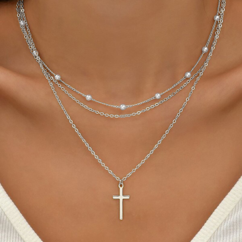 Collar Multicapa Con Cruz De Perlas De Aleación