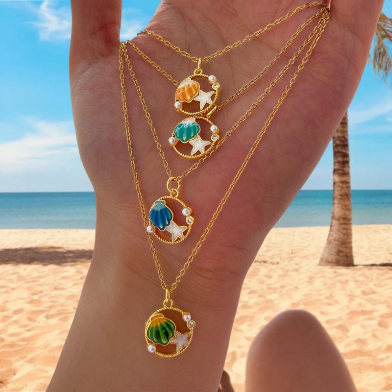 Collar De Acero De Titanio Con Forma De Gota De Aceite Concha Perla Y Estrella De Mar