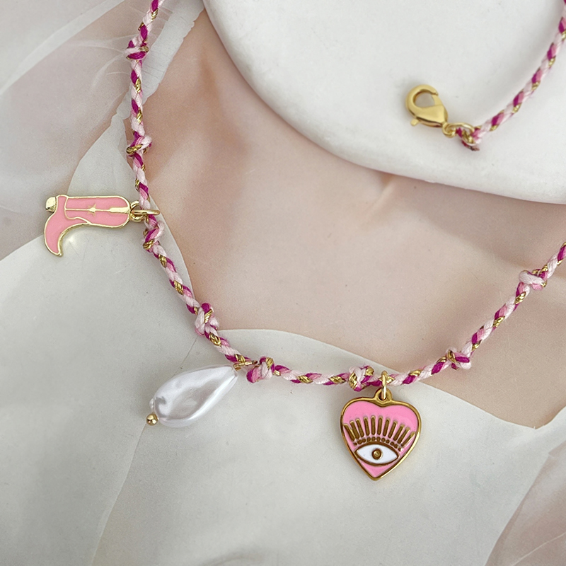 Pink Copper Oil Drip Heart Eye Pearl Braided Necklace
