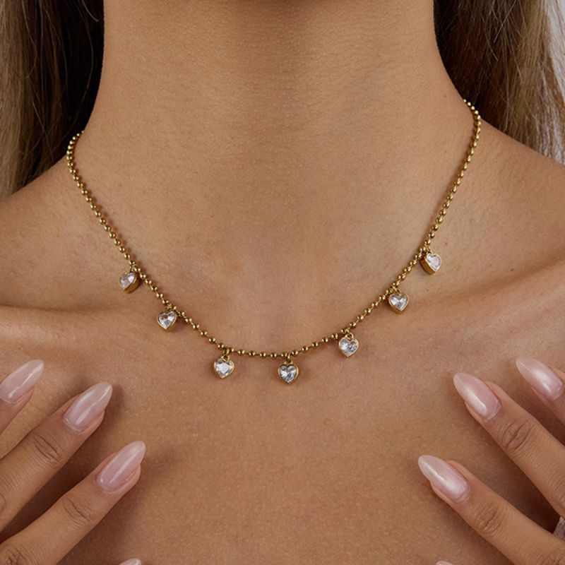 Collar De Corazón De Diamantes De Acero Inoxidable