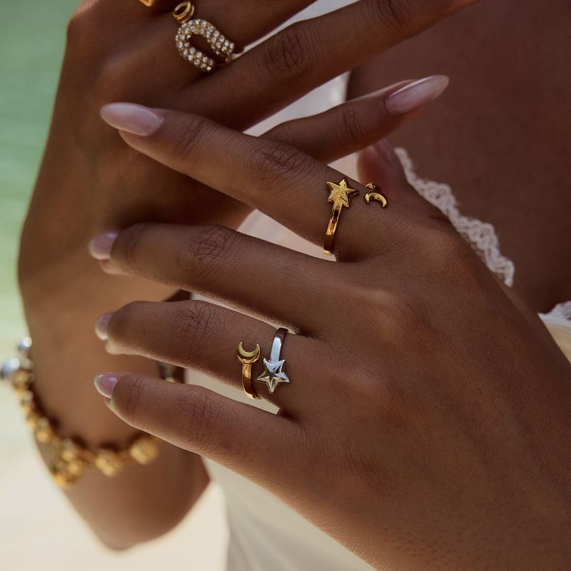 Gold And Silver Stainless Steel Star Moon Ring