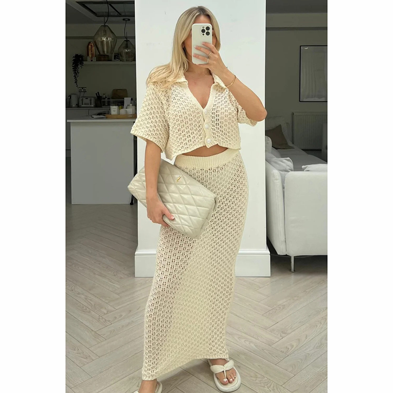 Conjunto De Blusa Y Falda De Punto De Crochet De Poliéster