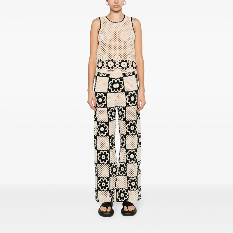 Off White Crocheted Hollow Flower Round Neck Sleeveless Knitted Vest Pants Set