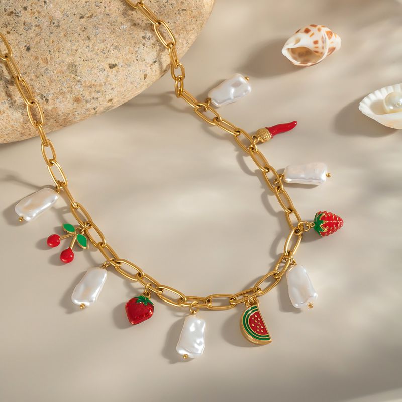 Gold Stainless Steel Pearl Fruit Necklace