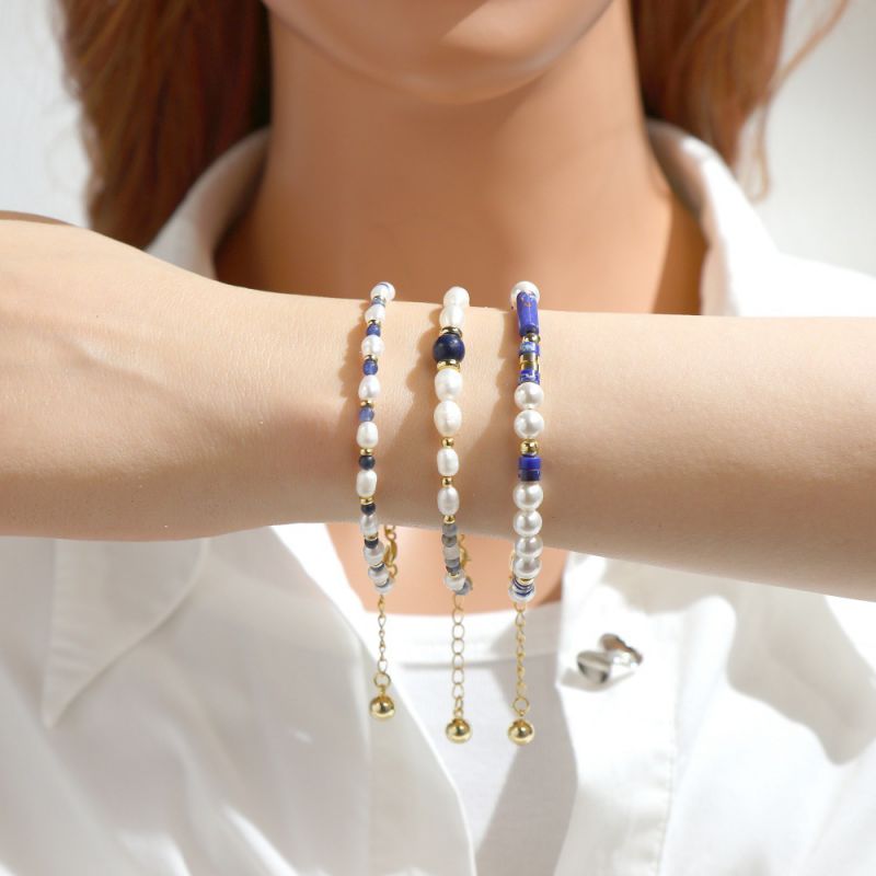 Pulsera De Cuentas De Lapislázuli Y Perla